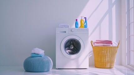Bright and organized laundry room with washing machine and clean towels near a window on a sunny day