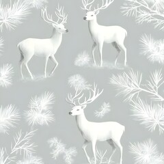 White Deer and Pine Branches Seamless Pattern