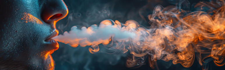 Close-Up of Person Exhaling Colorful Vapor in Dramatic Lighting