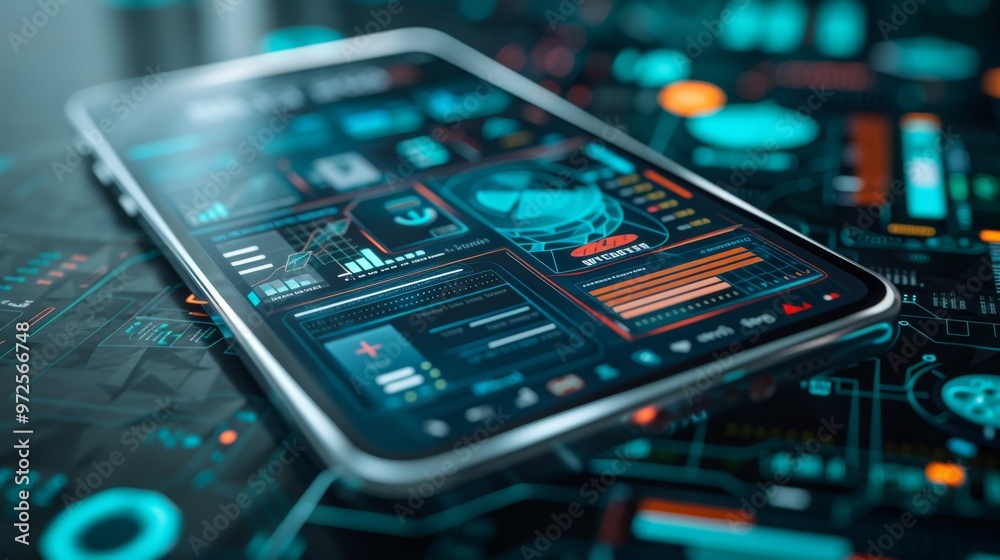 Leinwandbilder A mobile phone with a prominent cybersecurity app interface, featuring real-time threat monitoring and secure browsing options Close-up photo with clean background