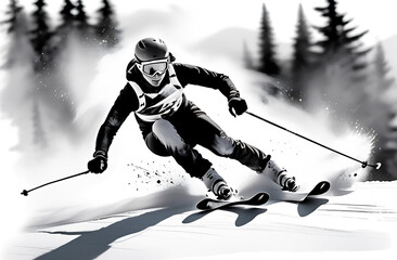 The black and white logo of a skier is an extreme sport. Winter illustration. Print, screensaver, desktop wallpaper, photo wallpaper, cover. Vertical picture. High-quality photos
