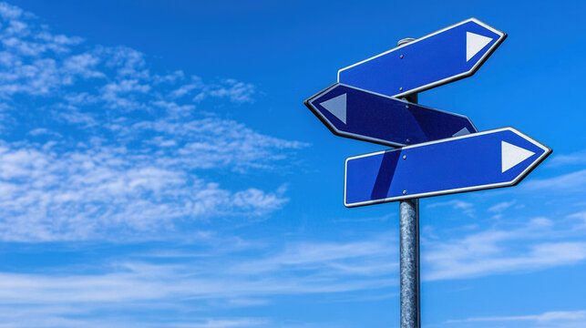 A clear blue sky serves as a backdrop for blue directional signs indicating multiple paths. Perfect for travel and navigation themes.