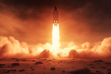 Dramatic Mars mission launch on a red cloudy landscape