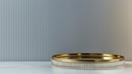 The polished gold surface of a minimalistic tray table shines brightly, set in front of a transparent vertical reeded glass panel. A light gray wall adds depth and neutrality, allowing the product's