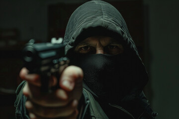 Thief in black clothes criminal action shop lifting street violence citizen robbery, Generative AI
