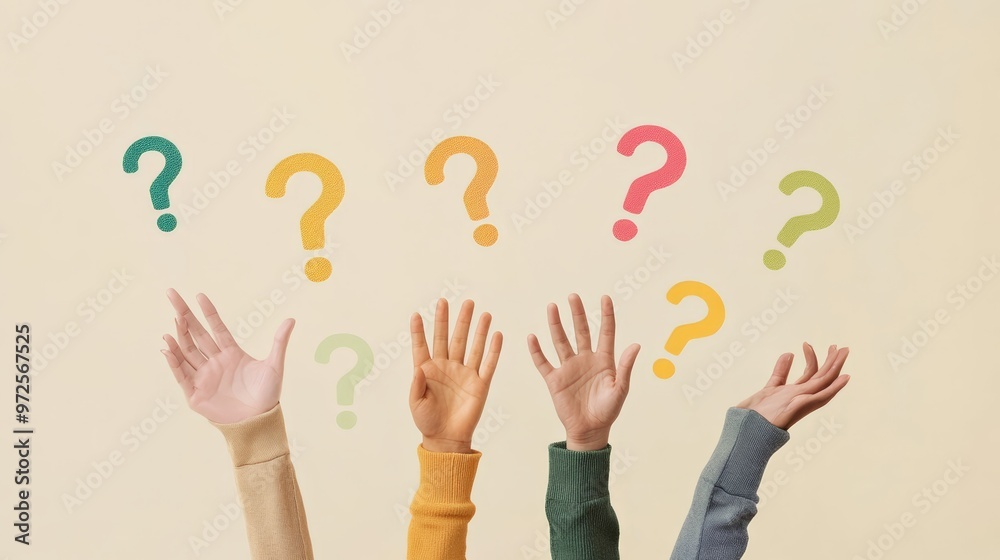 Poster diverse hands reaching towards colorful question marks. represents inquiry and collaboration.