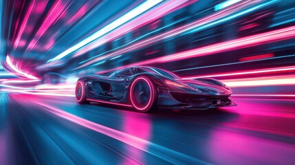 Racing at high speed, the fast car powers through neon-lit streets, leaving behind a glowing blur