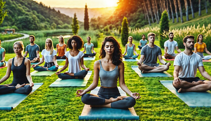 A diverse group practicing yoga outdoors during sunset in a serene natural environment, creating a calming and relaxing atmosphere, capturing the connection between physical wellness and the beauty of