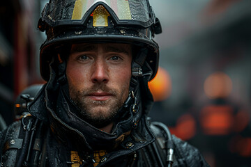 AI generated portrait photo of professional firefighter wearing helmet