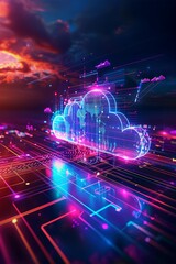 Glowing Cloud Computing Concept, Neon Lines, World Map Cybersecurity, Network, Data Storage