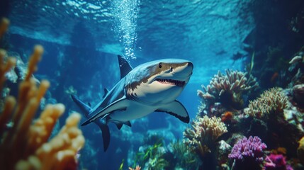Fototapeta premium Shark glide gracefully over lush coral gardens, their presence adding life to the coral’s vibrant colors and intricate patterns.