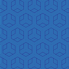 An Abstract Seamless Black and Blue hexagon Chinese pattern Vector. Geometric ethnic oriental hexagonal  art pattern. Design for background, wallpaper, flooring,  wrapping, fabric and textile print.