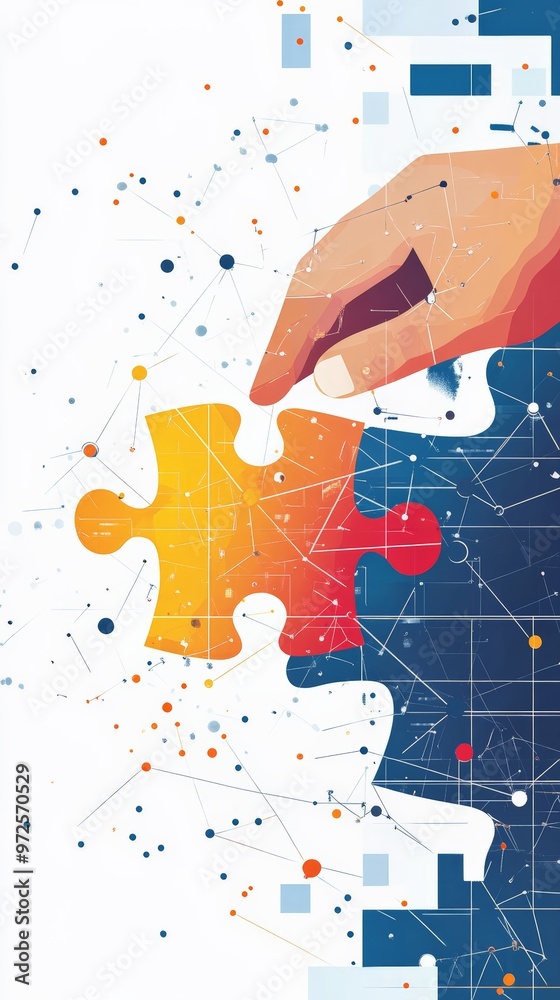 Aufkleber modern abstract business illustration with a large puzzle piece being placed against a network backg