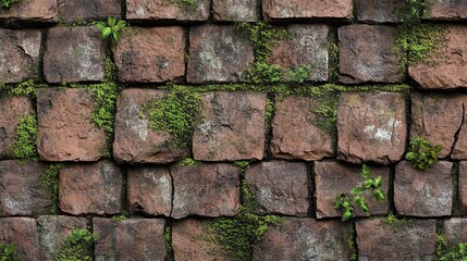 Obraz premium A close-up of a stone wall with moss and small plants growing in the cracks.