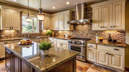 Elegant kitchen features a rich brown granite countertop complemented by a stunning glass tile backsplash in shades of