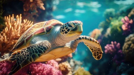 Fototapeta premium Turtle swim in underwater world and coral colors, creating a royal display of nature’s finest artistry in the marine world.