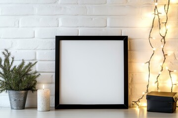 Empty white picture or poster template mockup with black frame and light bulbs in front of a brick wall. Modern interior. Blank copy space for advertisement purposes.