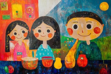 Family scene, naive art, bright colors, simple shapes, whimsical, joy, innocence