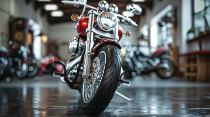 A red motorcycle is parked in a garage