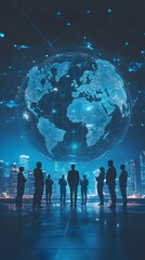 A digital globe with global business icons and figures, representing the international reach of corporate law services.