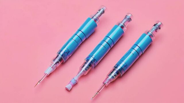 Two injectors with dose pens for subcutaneous injection of diabetes or obesity drugs on a pink background.