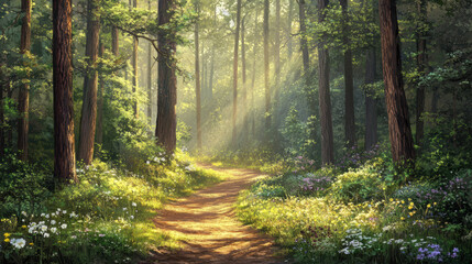 Naklejka premium Sunlit Forest Path.