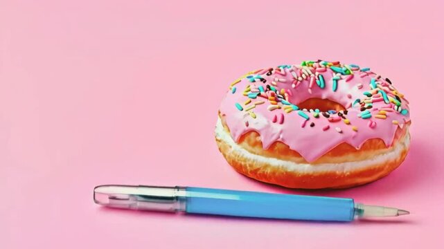 Delicious sweet pink donut with a subcutaneous injection pen on a blue background.