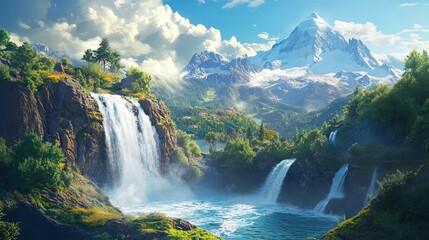 Naklejka premium A breathtaking mountain landscape featuring a cascading waterfall, a snow-capped peak, and a lush valley.