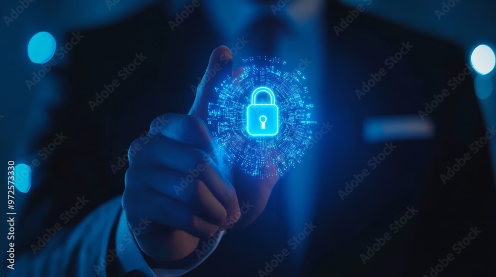 Poster close-up of a businessman interacting with a digital lock icon, representing cybersecurity and data 