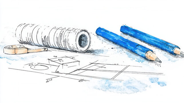 Engineering blueprints, precise lines and measurements, architectural tools, Watercolor style