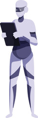Modern robot is holding a tablet, potentially analyzing data or controlling a complex system