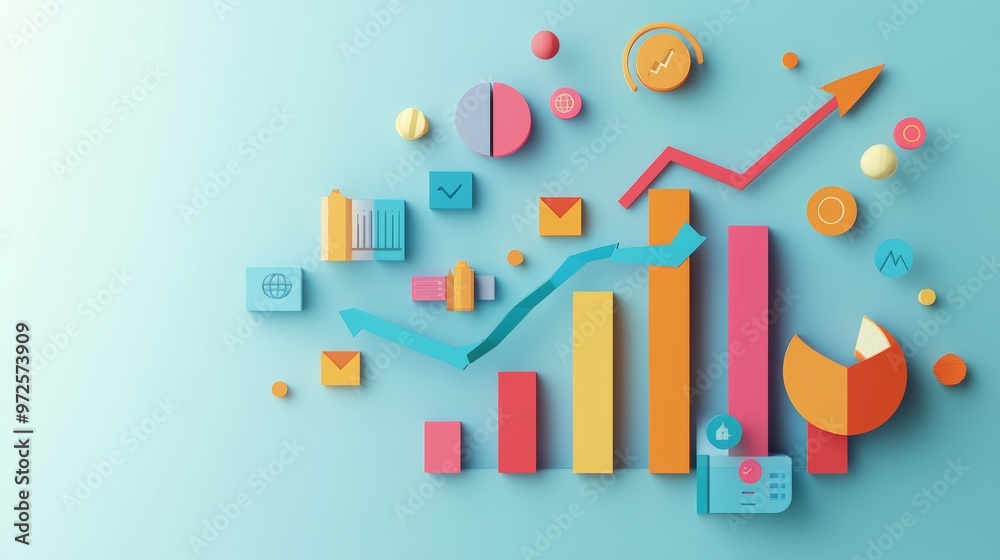 Poster minimalist 3d business graph with colorful bars and icons on a pastel turquoise background. financia