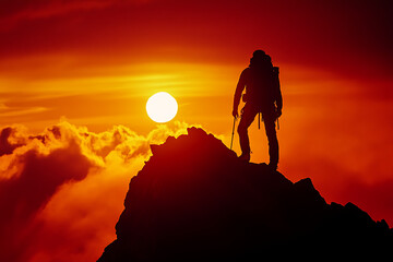 A silhouetted climber stands on a peak against a vibrant sunset backdrop.