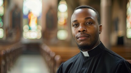 Obraz premium A man in a black robe stands in front of a church