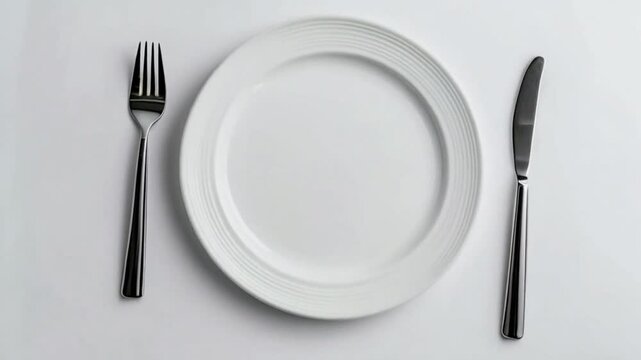Empty a white plate with a fork and spoon on the clipping path table, flat-lay.