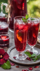 two tall glasses filled with a red beverage, ice cubes, and garnished with green mint leaves. The glasses are placed on a round metal tray surrounded by scattered red flower petals and additional mint