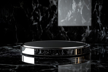 Dark Luxury Product Display Pedestal, Minimalist Black Stage with Marble Texture and Dramatic Lighting for Elegant Presentations