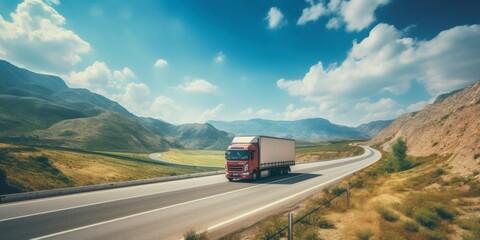 Truck driving on the highway in the mountains. Transportation and logistics concept.