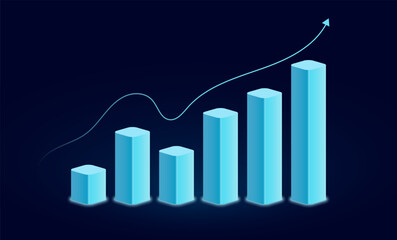 Abstract growth graph chart with up arrow on technology dark blue background. Stock market and success business concept. Vector illustration in digital futuristic light blue monochrome style.