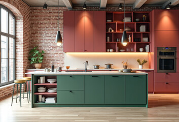 interior loft style kitchen with brick wall