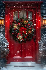 Snow-Covered Red Door with Christmas Wreath and Lanterns - Generative AI