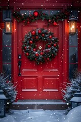 Snow-Covered Red Door with Christmas Wreath and Ornaments - Generative AI