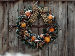 Rustic Christmas Wreath with Oranges and Cinnamon on Wooden Door - Generative AI