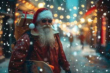 Santa Claus in Sunglasses Carrying Gifts Through a Snowy City - Generative AI