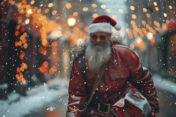 Santa Claus in Sunglasses Walking Through Snowy Festive Street - Generative AI