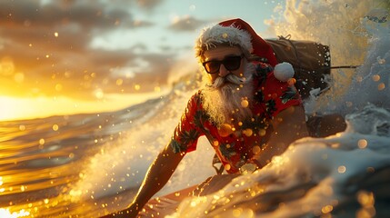 Santa Claus Surfing Through Sunset Waves with Sack of Gifts - Generative AI