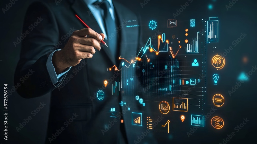 Poster Close-up of a businessman analyzing digital graphs with futuristic icons in a dark room. Data-driven decision making and business strategy concept