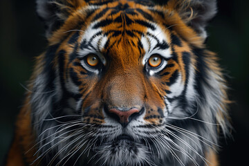Fototapeta premium Tiger with piercing gaze, close up. Majestic predator exudes confidence and intensity. Rare endangered species highlights importance of wildlife conservation. Concept of biodiversity preservation