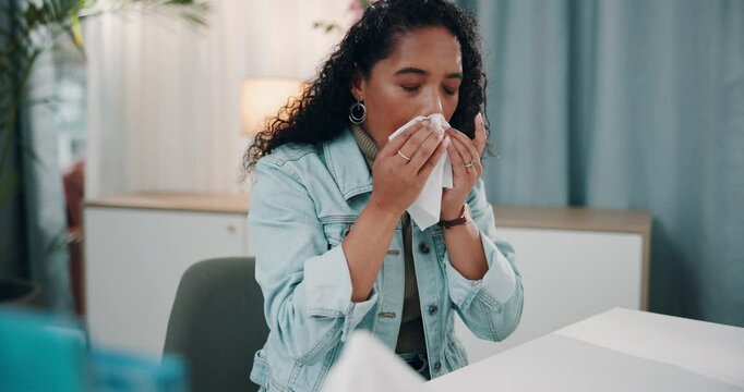 Sick woman, sinus and blowing nose with tissue for viral infection, sneeze or mucus at clinic. Frustrated, female person or patient with allergy, fever or virus for influenza, flu or cold at hospital