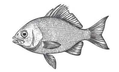 Obraz premium Fish sketch dorado gilt-head bream. Vintage retro print, black white gilt-head bream fish sketch ink pencil style drawing, linear drawing, engrave old school. Sketch artwork dorado fish. Illustration